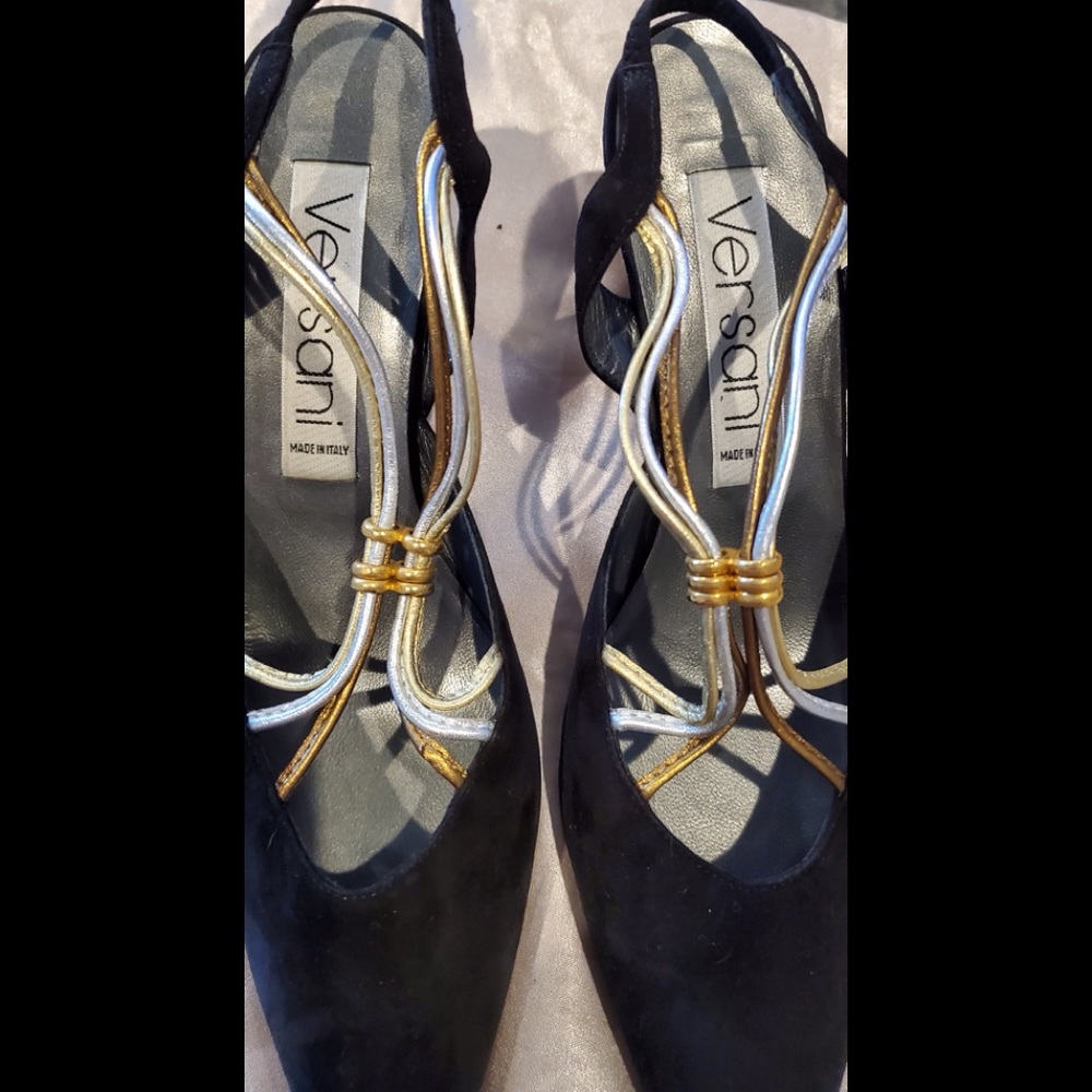 Versani Vintage Italian Point Heels Suede black gold and silver 7.5B